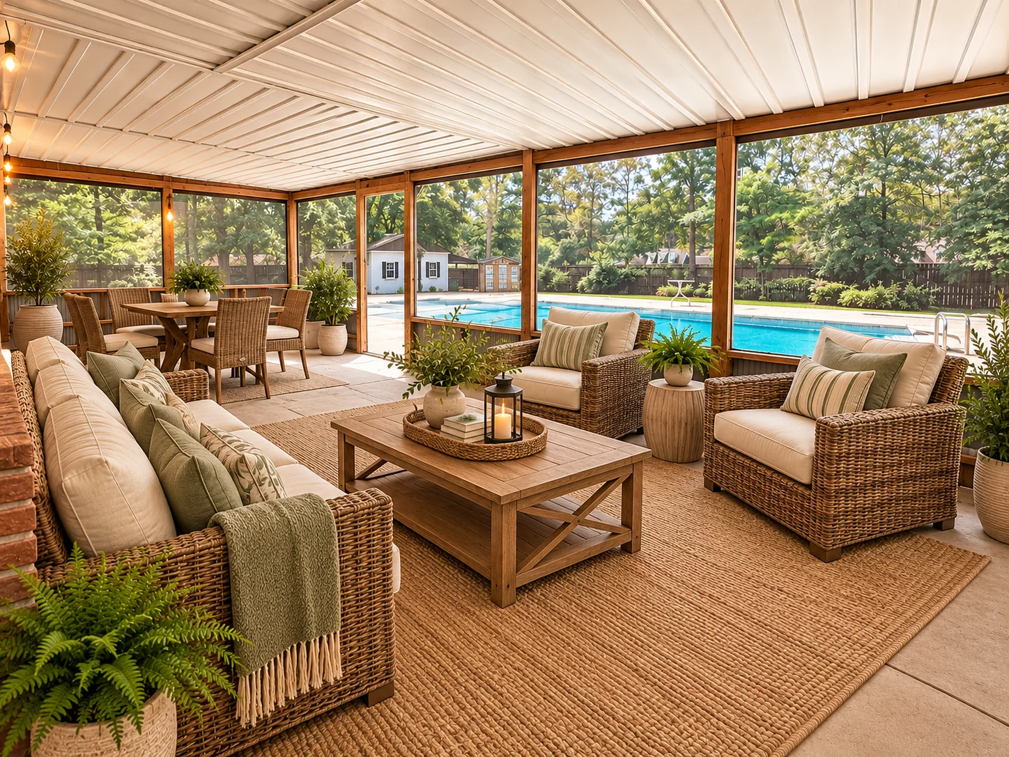 Virtually staged screened-in porch adjoining the sunroom; pool appearance is illustrative, actual pool is currently covered